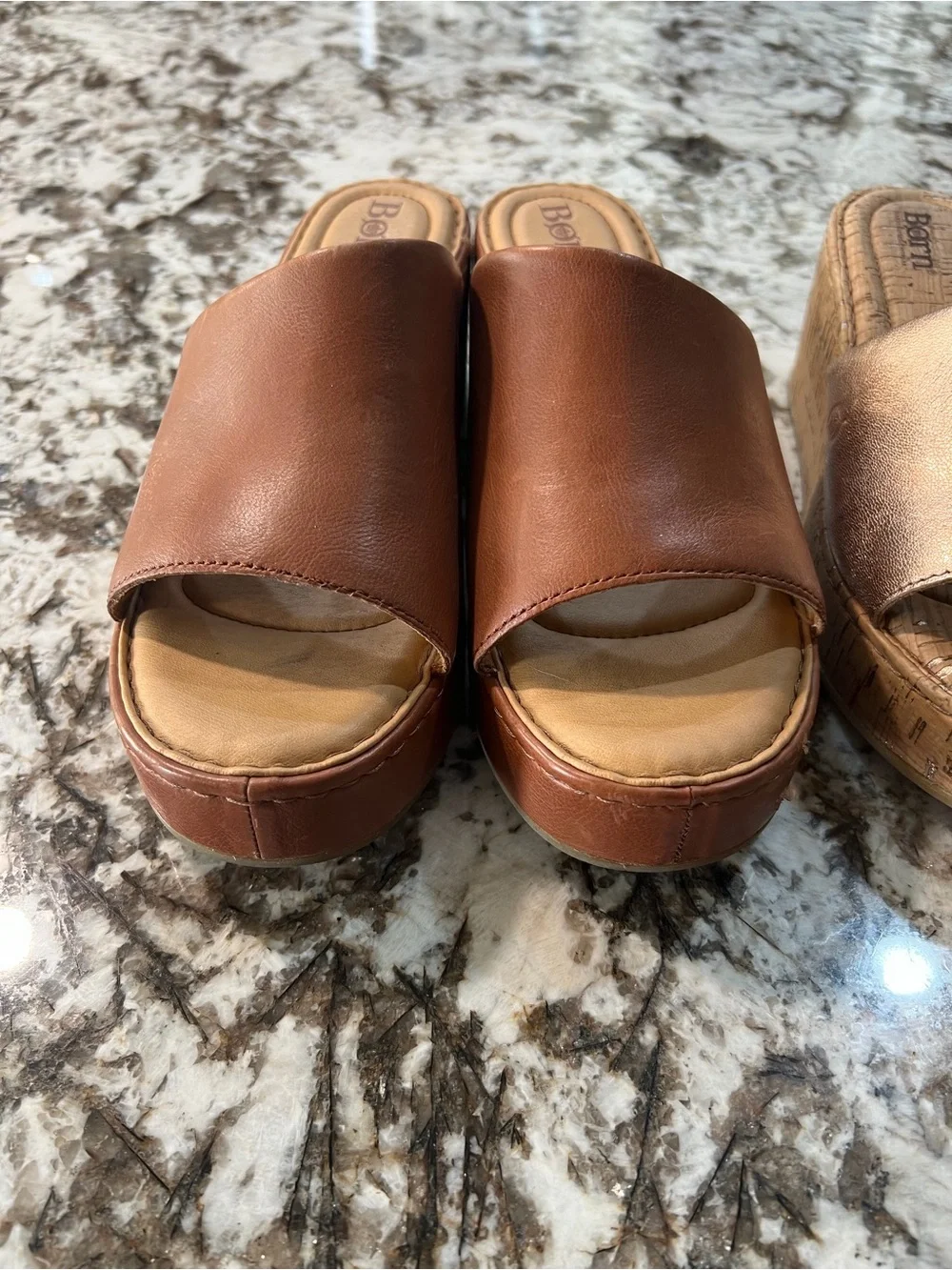 Born Brown Leather Platform Slide Wedges
